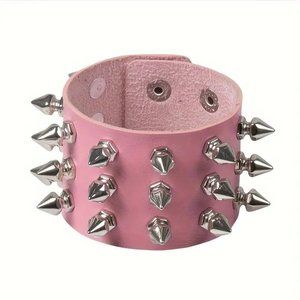 Spike Cuff Bracelet Pink Rivet Wrist Bangle Vegan Leather Goth Punk Rave Scene